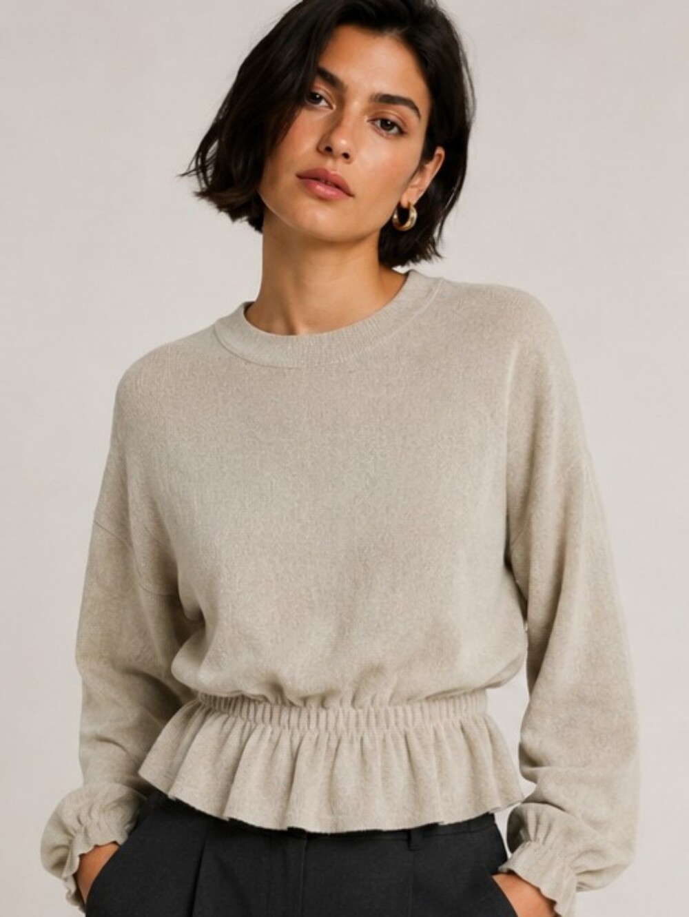Zara Textured Beige Long Sleeve Peplum Top - Size Medium